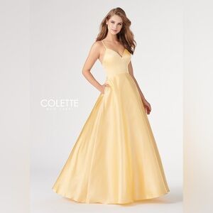 Colette Mon Cheri dress, specifically a long, yellow, A-line gown V-neck sz 4